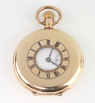 A gentleman's gold plated half hunter pocket watch with seconds at 6 o'clock 