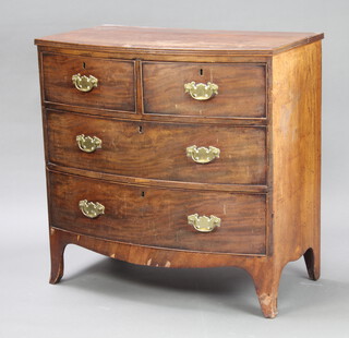 A Georgian mahogany bow front chest with crossbanded top, fitted 2 short and 2 long drawers with replacement brass swan neck drop handles, raised on bracket feet 89cm h x 89cm w x 52cm d 