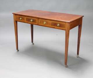 An Edwardian inlaid mahogany side table with satinwood and ebonised stringing, fitted 2 frieze drawers with ring drop handles, raised on square tapered supports, brass caps and casters 66cm h x 117cm w x 53cm d 