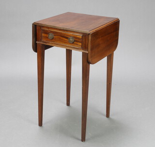 An Edwardian Georgian style drop flap occasional table fitted a frieze drawer raised on square tapered supports 72cm h x 41cm w x 38cm when closed x 78cm when open 