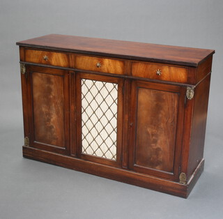 A Georgian style crossbanded mahogany sideboard fitted 3 drawers above triple cupboard, the centre with grilled panelled door, raised on a platform base 84cm h x 122cm w x 43cm d 