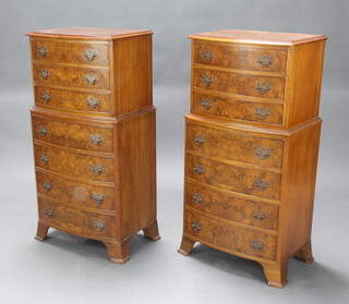 A pair of Queen Anne style figured walnut bow front chests on chests, the upper section fitted 3 long drawers, the base 4 long drawers on splayed bracket feet 99cm h x 51cm w x 38cm d 