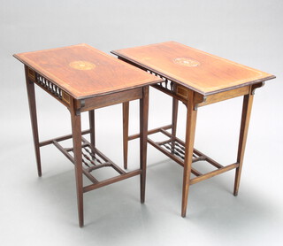 A pair of Victorian rectangular inlaid rosewood occasional tables with bobbin turned decoration, raised on square tapered supports with H framed stretcher 70cm h x 76cm w x 42cm d 