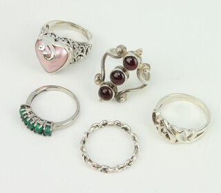 Five silver gem set rings, size M, 22 grams