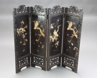 A Victorian ebonised and carved ivory 4 fold fire screen decorated birds amidst branches 99cm h x 28cm when closed x 111cm when open 
