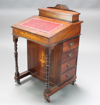 A Victorian inlaid rosewood Davenport the top fitted a stationery box with inset red leather writing surface, the pedestal fitted 3 drawers, raised on turned supports 90cm h x 53cm w x 53cm d 
