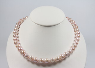 A string of pink cultured pearls with a 9ct clasp 44cm 