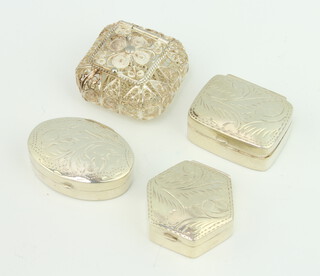 Three sterling silver pill boxes and a filigree ditto, 40 grams 