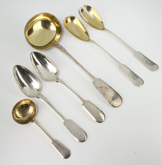 A Russian silver ladle, 2 table spoons and a sifter spoon, 200 grams together with a pair of servers 