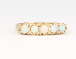 A Victorian style 9ct yellow gold 5 stone opal ring, 2 grams, size N 