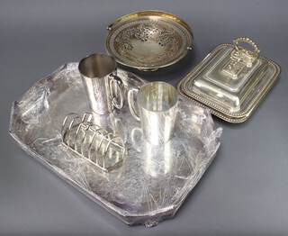 A plated galleried 2 handled tray 48cm, an entree dish and tazza