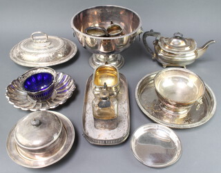 A plated 3 piece tea set and minor plated wares 