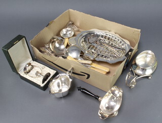 A silver plated ladle and minor plated wares 