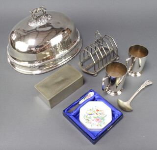 An Edwardian silver plated meat cover with chased armorial 34cm together with minor plated wares