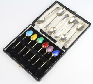 A set of 6 silver coffee spoons Sheffield 1953 together with 6 silver guilloche enamel bean end coffee spoons, 120 grams gross 