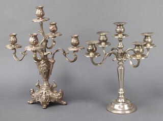 A silver plated 5 light Rococo candelabrum 45cm together with a plated 5 light ditto on tapered stem 40cm 
