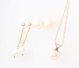 A 9ct yellow gold pearl necklace and ear studs, gross 3.3 grams 