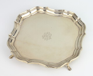 A Chippendale style silver card tray with engraved monogram, Chester 1926, 18cm, 268 grams 