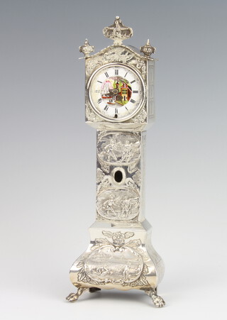 A Continental silver miniature grandfather clock with enamelled dial (a/f) decorated with figures at pursuits, import marks 1903, 19cm, 216 grams 