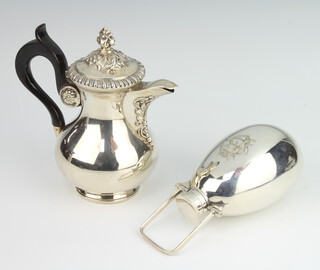 An unusual silver plated ovoid hip flask together with a miniature coffee pot 