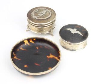 A George V silver and tortoiseshell pique trinket box Birmingham 1911 6cm, a mounted dish and pin box