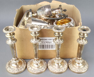 Four silver plated candlestick and minor plated wares
