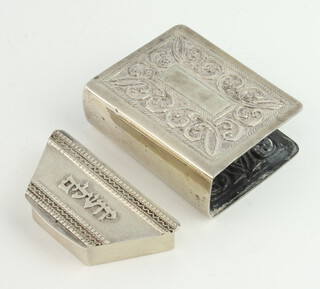 A Continental embossed silver match slip together with a wedge shaped pill box, 46 grams