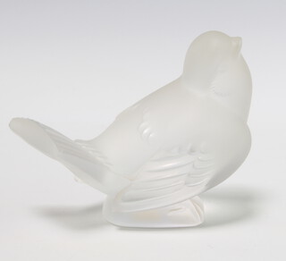 A modern frosted glass Lalique figure of a bird 9cm, with original labels 