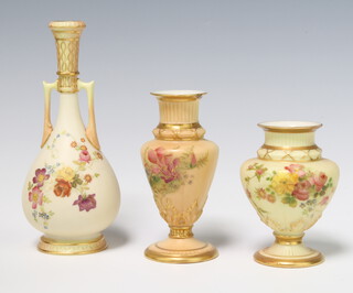 A Royal Worcester blush porcelain oviform 2 handled vase decorated with flowers no.942 16cm, a ditto no.1727 9cm and a ditto 11cm 