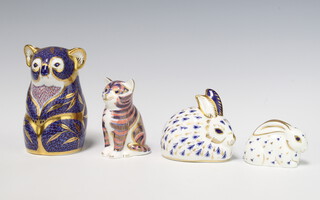 A Royal Crown Derby Imari pattern paperweight in the form of a Koala bear, silver stopper 11cm, ditto kitten gold stopper 8cm, rabbit silver stopper 7cm and a bunny silver stopper 6cm