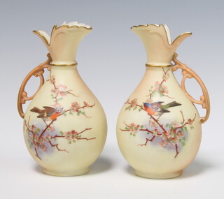 A pair of Royal Worcester Lock & Co urns decorated with birds no.456 14cm 