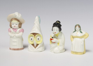 Four Royal Worcester candle snuffers - French Cook 7cm, Japanese Girl 8cm, Owl 8cm and Feathered Hat 9cm 
