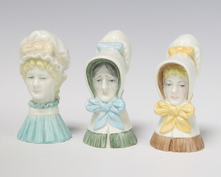 Three Royal Worcester candle snuffers - Old Woman 9cm, Mob Cap 9cm and Young Girl 9cm