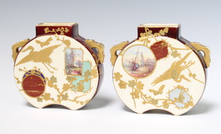 A pair of Victorian aesthetic flattened moon vases decorated with panels of boats and woodland scenes amongst heron, butterflies and prunus 13cm 