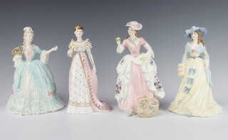 Four Coalport figures - The Flower Seller no.387 of 9500 21cm, Empress Josephine no.1025 of 12500 21cm, Emma Hamilton no.1385 of 12500 21cm and Marie Antoinette no.480 of 12500 21cm 