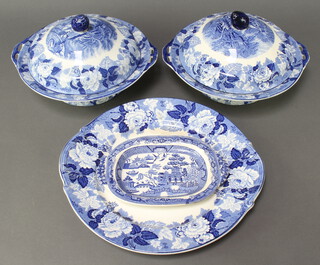 A Woods Ware English scenery tureen, lid and ladle (cracked lid), ditto pair of vegetable dishes and 1 cover, 4 soup bowls, 4 side plates (1 chipped), 2 dinner plates and a platter together with a similar sauce boat stand cracked  