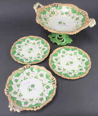 A Samuel Alcock Victorian dessert service comprising 2 handled tazza, 4 shaped dishes, 2 oval dishes, 15 dinner plates with green and gilt floral decoration  