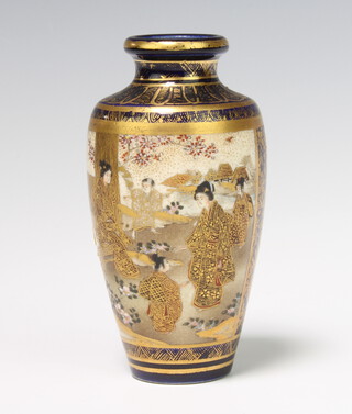A Meiji period Satsuma baluster vase decorated with courtesans on a garden terrace, the reverse with a landscape view with flowers and gilt decoration 12cm 