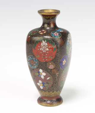 A Meiji period cloisonne rounded tapered vase decorated with flowers 12cm 