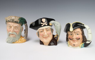 Three Royal Doulton character jugs - Captain Morgan D6467, Long John Silver D6335 and Robinson Crusoe D6532 