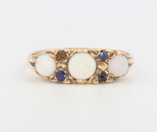 A Victorian style 9ct yellow gold opal and sapphire ring, size M, 2.6 grams 