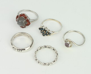 Five silver gem set rings, size N, 14 grams 