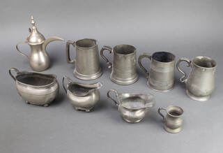 A Victorian pewter tankard with golden fleece touch mark, engraved a boar's head with glass base (base f), a Dixon & Sons baluster shaped pewter tankard with crown decoration, 2 later plain pewter tankards, J E Evans of 40 Ludgate Hill a pewter cream jug (some dents), unmarked cream jug and sugar bowl (f), Harry Mason of Birmingham a pewter measure 6cm x 5cm and a Turkish coffee pot base marked pat.no.867109 engraved a palm tree 20cm x 7cm 