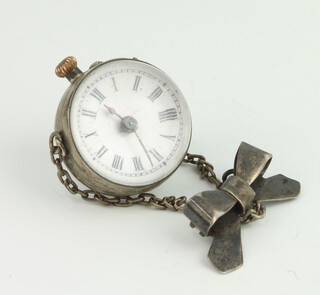 A lady's spherical glass silver mounted fob watch with silver ribbon pin 
