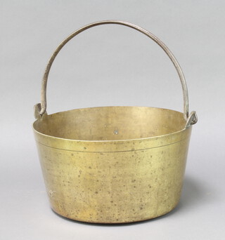 A circular brass preserving pan with polished steel handle 16cm x 30cm 