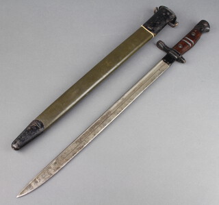 A dagger, the 17cm blade formed from a bayonet complete with leather scabbard  