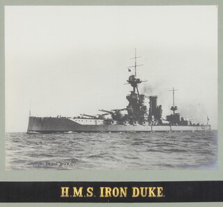 A black and white photograph of HMS Iron Duke with cap tally, framed, 21cm x 30cm, ditto HMS Colombo 17cm x 28cm, ditto. HMS Furious 15cm x 20cm, ditto HMS Cornwall 22cm x 28cm and 1 other of a Royal Naval vessel of South Georgia February 1929 13mc x 35cm 
 