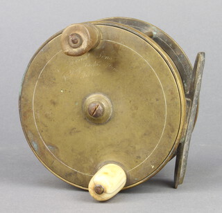 Forest & Sons Fishing Tackle Makers, a 19th Century brass centrepin fishing reel with bone handle 10cm 