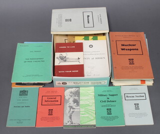 A quantity of Cold War Civil Defence pamphlets and brochures including Military Support in Civil Defence, General Information in all Sections, Home Defence and The Farmer, The Hydrogen Bomb, Lines and Wireless Instruction, etc, etc