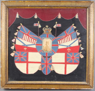 A Victorian woolwork panel with photograph depicting flags of The Allies 51cm x 56cm, contained in a gilt frame 